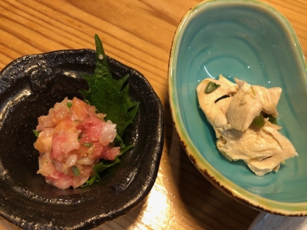 前菜はなめろうと鳥わさ 前菜はなめろうと鳥わさ